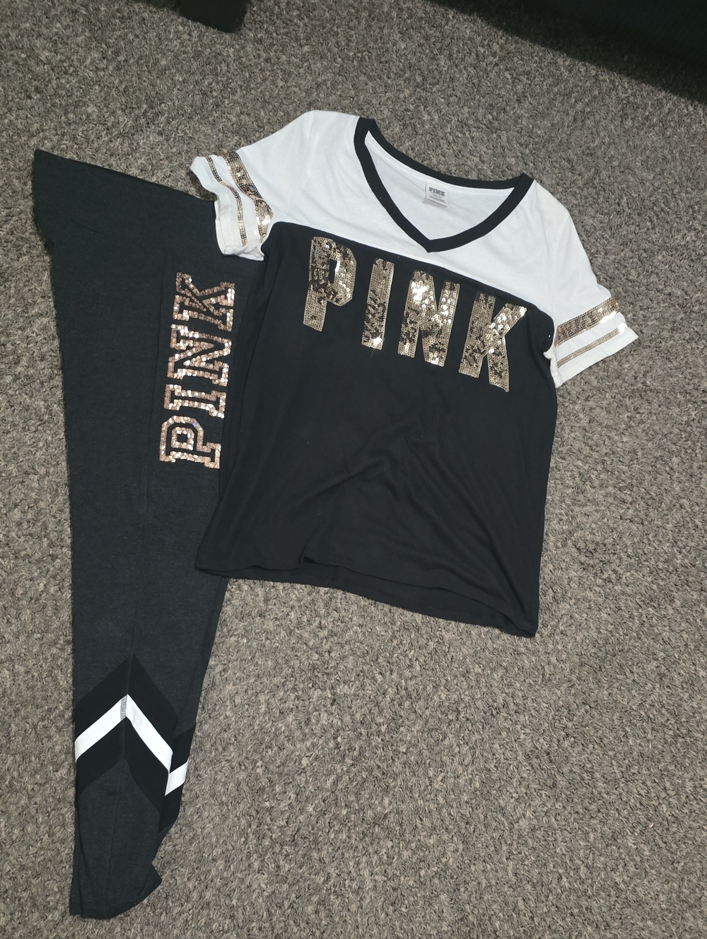 PINK Victoria's Secret Black, White & Gold Sequin Logo.Grey Pants 2017